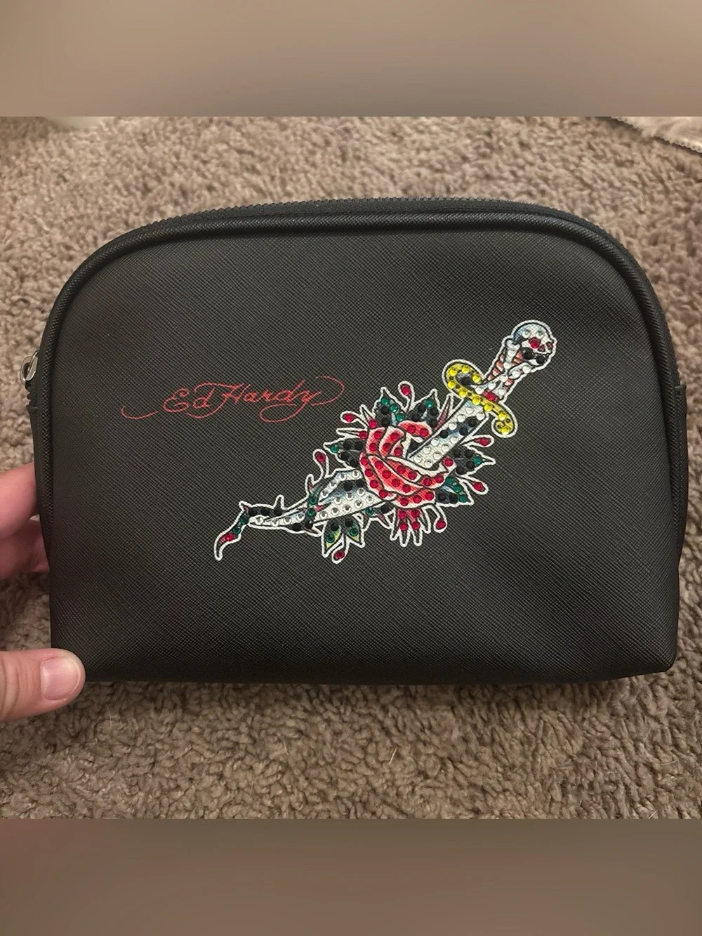 Ed Hardy Black Cosmetic Pouch with Dagger Rose Graphic
